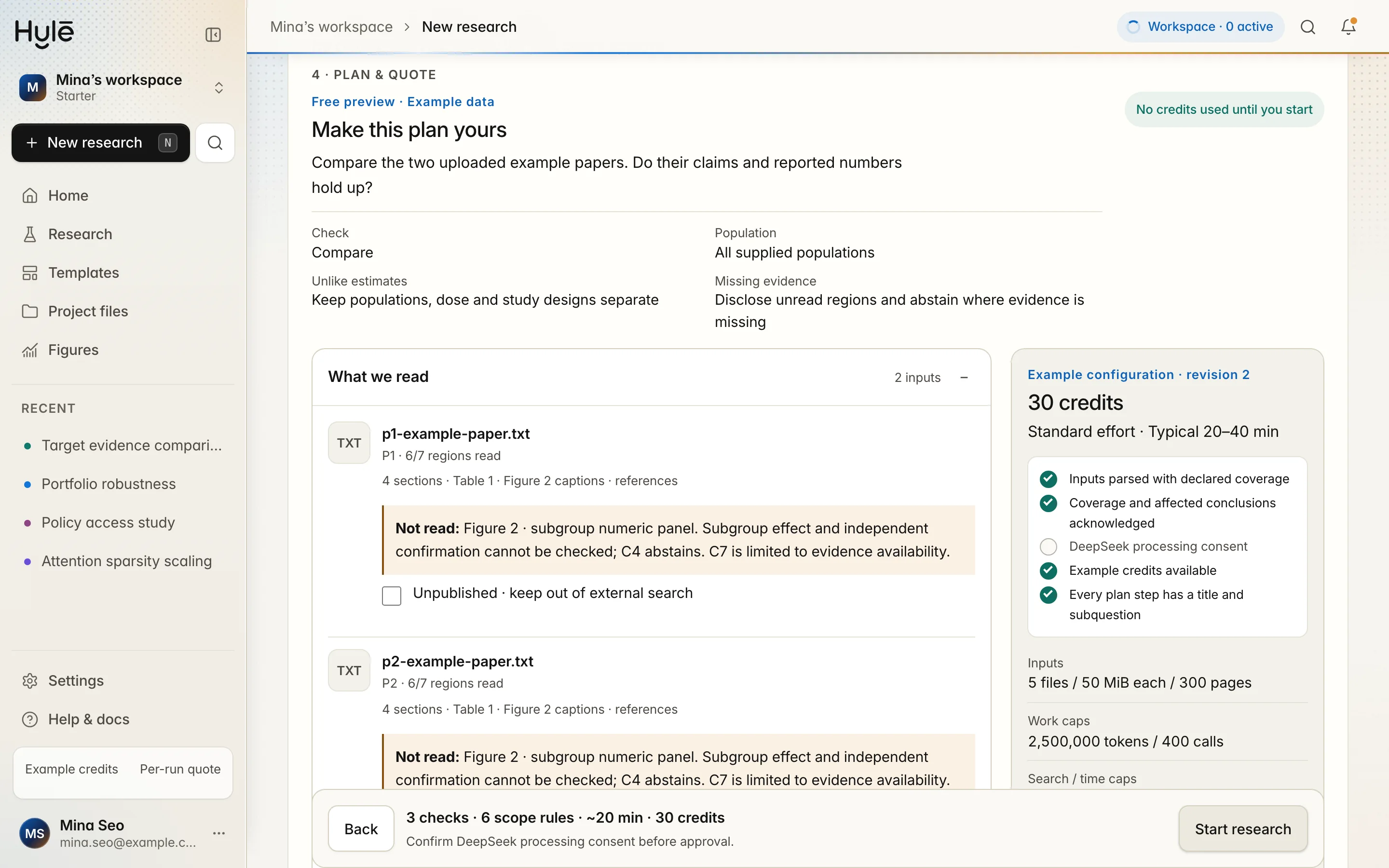 Plan and quote board: both papers read with one unread figure panel disclosed, standard effort for 30 credits.