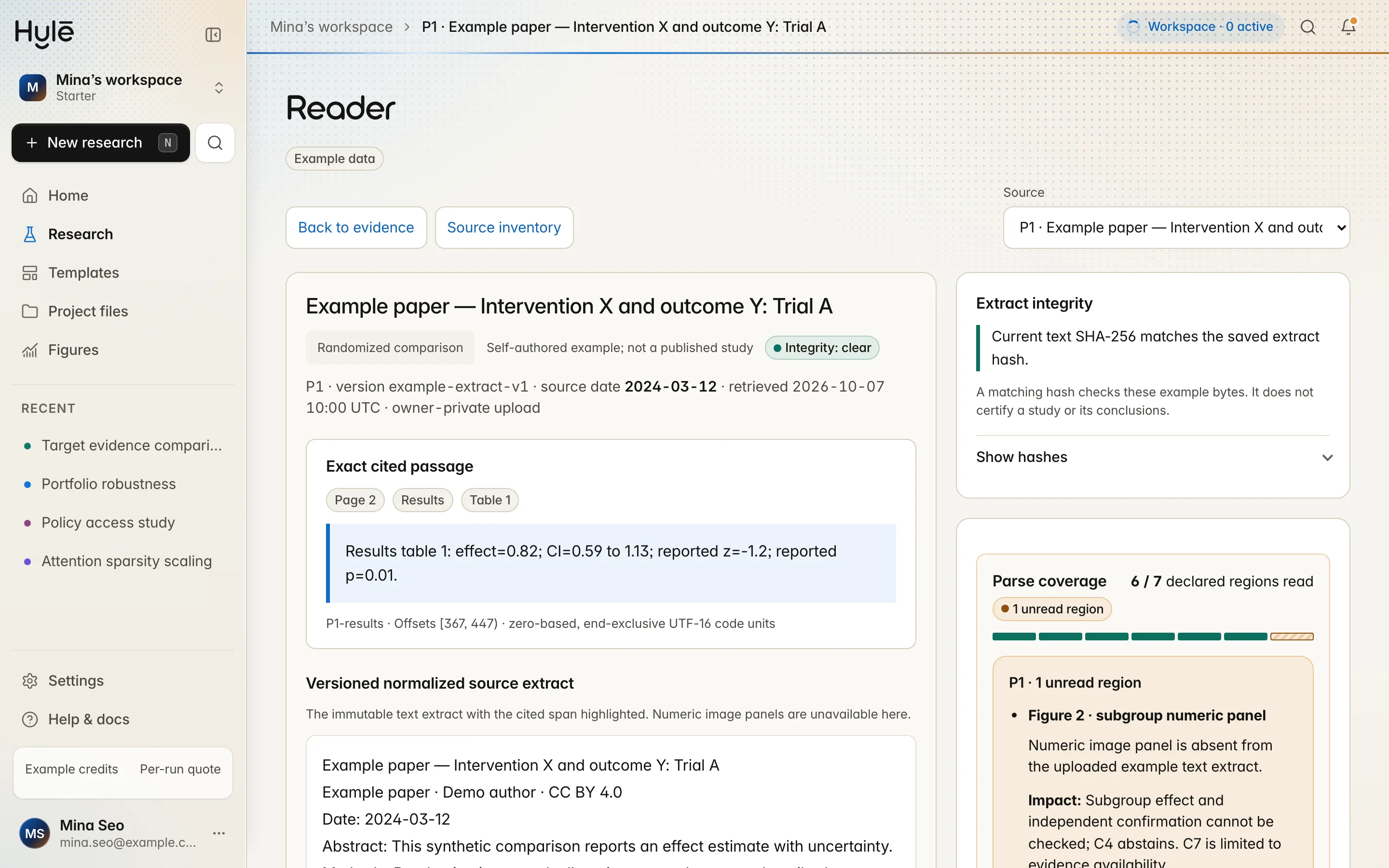 Reader with the exact cited results passage highlighted in the paper extract, beside its parse coverage.