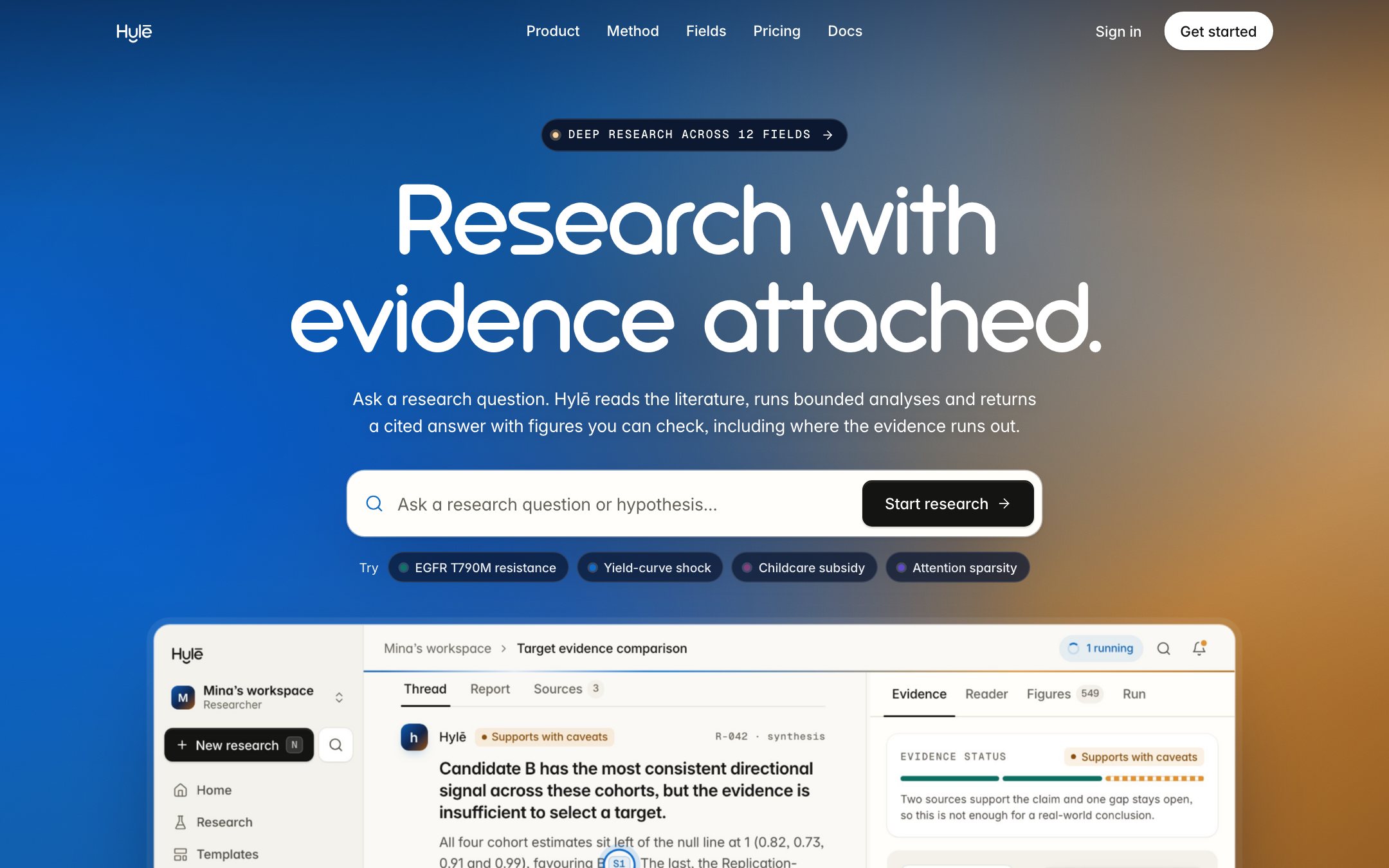 The Hylē overview page on a laptop: headline, question composer and the live workbench.