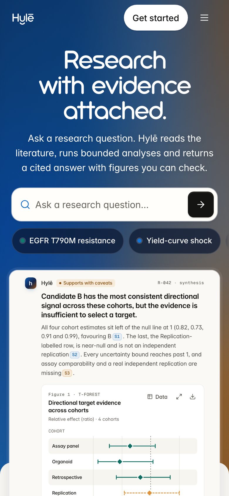 The same page on a phone: headline, composer and the first answer with its forest plot.