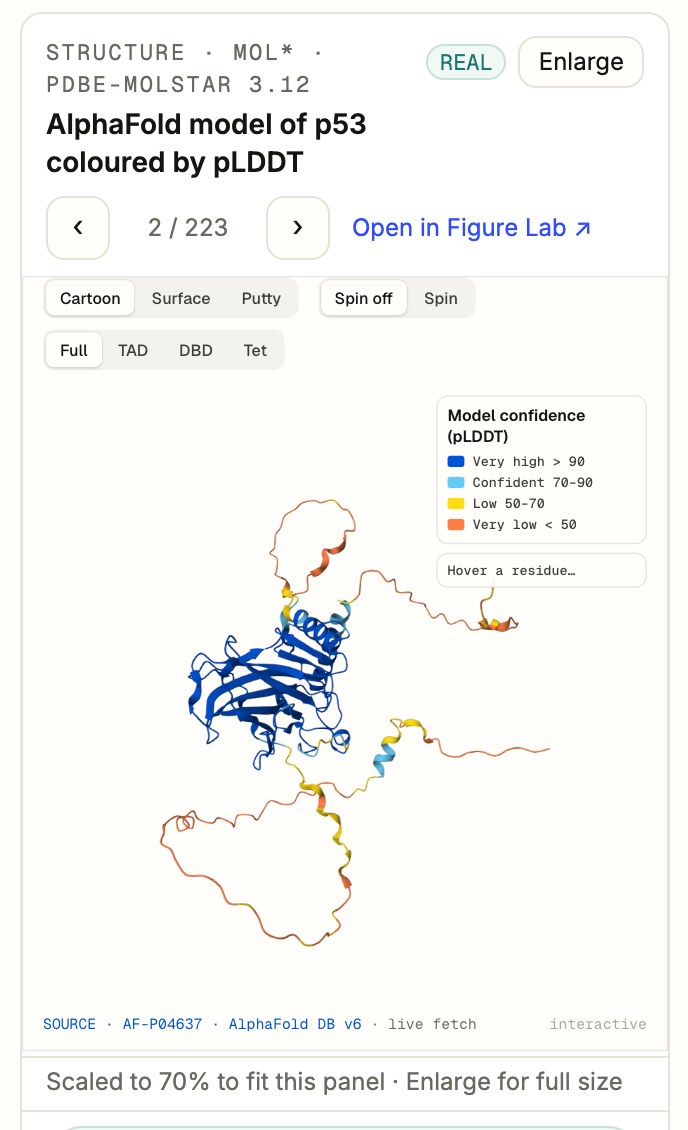 The Figure Lab viewer showing an AlphaFold model of p53 coloured by confidence.