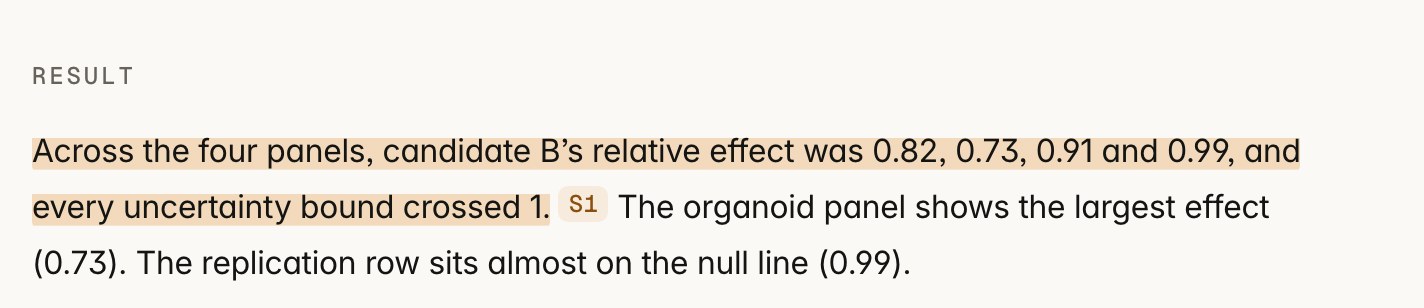 A citation opened beside the claim: the highlighted passage and the S1 record line.